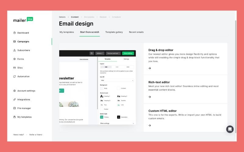 MailerLites dashboard or drag and drop editor